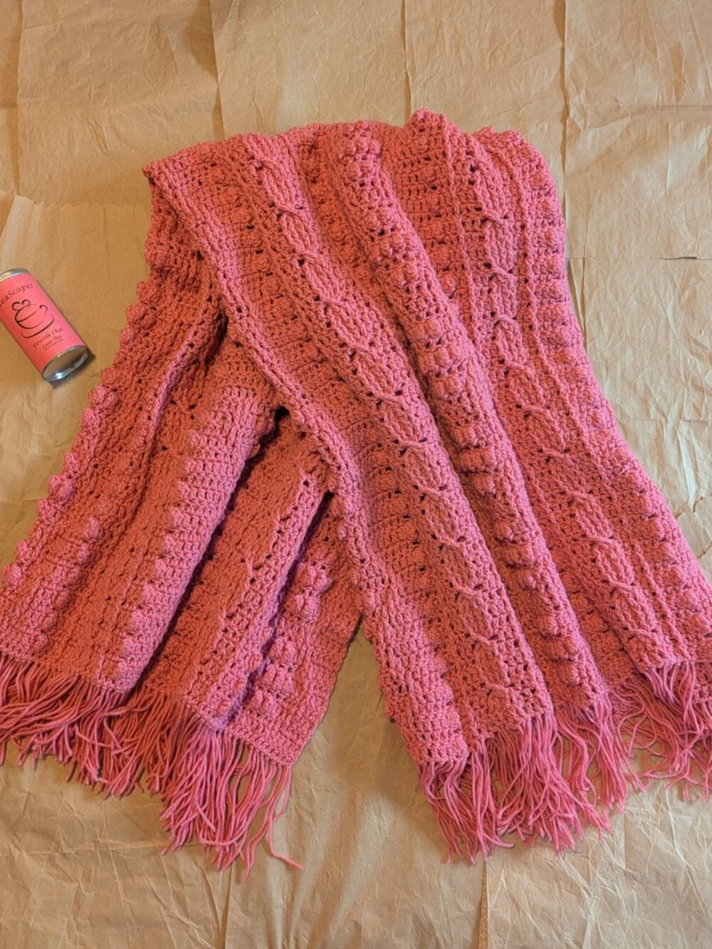 💜Handmade Pink Cable & Popcorn Stitch Crochet Afghan Fringe